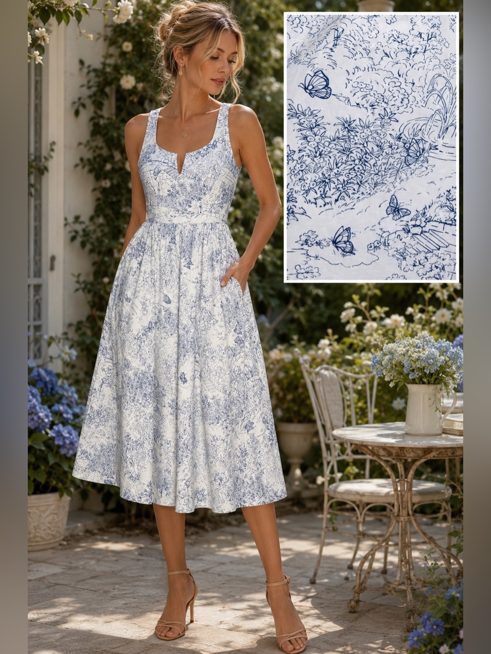 Cinq à Sept Ebba Butterfly Garden Toile Midi Dress White Blue Size 8 NWT